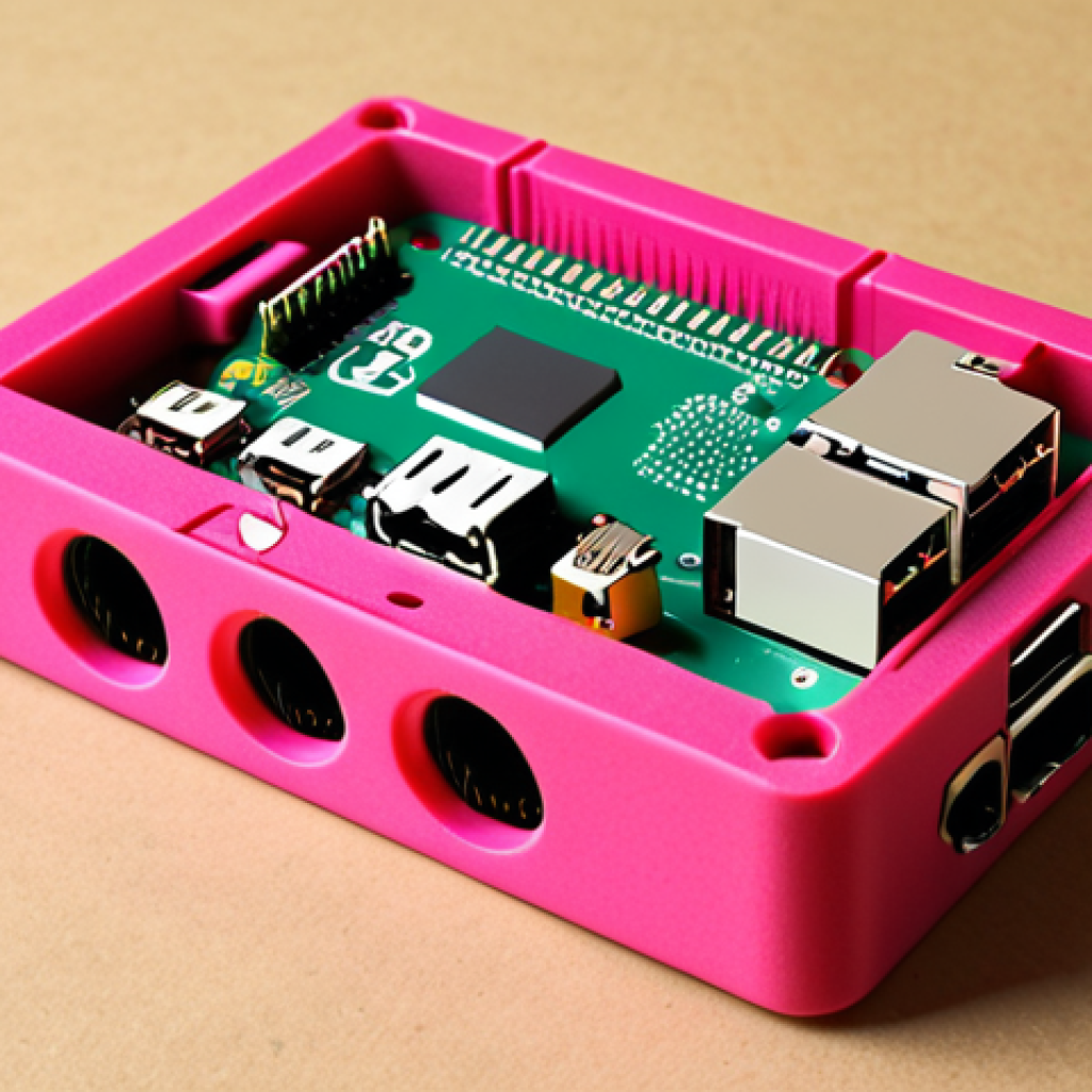**Custom Raspberry Pi Case:** A brightly colored, uniquely designed 3D printed case for a Raspberry Pi, showcasing creative personalization. The scene should be a maker's workshop with various tools and electronic components scattered around.