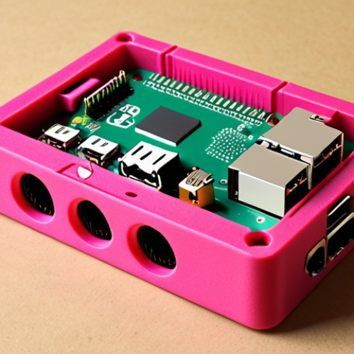 **Custom Raspberry Pi Case:** A brightly colored, uniquely designed 3D printed case for a Raspberry Pi, showcasing creative personalization. The scene should be a maker's workshop with various tools and electronic components scattered around.