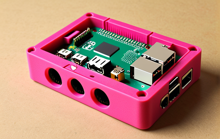 **Custom Raspberry Pi Case:** A brightly colored, uniquely designed 3D printed case for a Raspberry Pi, showcasing creative personalization. The scene should be a maker's workshop with various tools and electronic components scattered around.