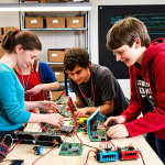 A diverse group of makers and hobbyists, including a student and an experienced enthusiast, collaboratively building an innovative project in a brightly lit fab-lab. Their hands are actively engaged with affordable open-source hardware like Arduino boards and Raspberry Pis. The scene emphasizes shared knowledge, creative empowerment, and the breakdown of technological barriers. Photorealistic, high detail, vibrant, community spirit.