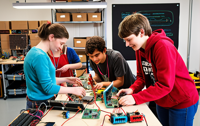 A diverse group of makers and hobbyists, including a student and an experienced enthusiast, collaboratively building an innovative project in a brightly lit fab-lab. Their hands are actively engaged with affordable open-source hardware like Arduino boards and Raspberry Pis. The scene emphasizes shared knowledge, creative empowerment, and the breakdown of technological barriers. Photorealistic, high detail, vibrant, community spirit.