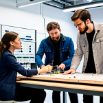 A diverse group of professional individuals, including an engineer, a student, and a designer, fully clothed in modest contemporary attire, gathered around a large workbench in a brightly lit, modern fab-lab. They are engaged in a collaborative discussion, pointing at an open-source hardware project on the table, surrounded by circuit boards, 3D printed prototypes, and various tools. The atmosphere is one of shared innovation and learning, with natural poses, perfect anatomy, correct proportions, well-formed hands, and proper finger count. safe for work, appropriate content, fully clothed, professional, family-friendly, high-quality digital illustration.