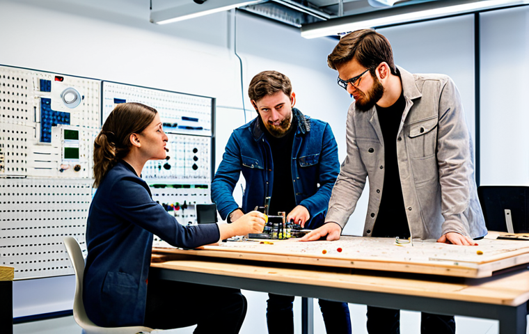 A diverse group of professional individuals, including an engineer, a student, and a designer, fully clothed in modest contemporary attire, gathered around a large workbench in a brightly lit, modern fab-lab. They are engaged in a collaborative discussion, pointing at an open-source hardware project on the table, surrounded by circuit boards, 3D printed prototypes, and various tools. The atmosphere is one of shared innovation and learning, with natural poses, perfect anatomy, correct proportions, well-formed hands, and proper finger count. safe for work, appropriate content, fully clothed, professional, family-friendly, high-quality digital illustration.