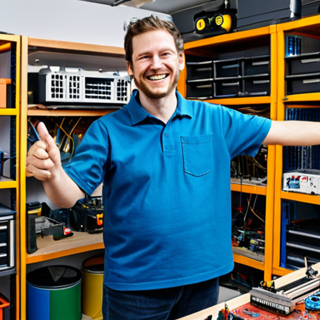 The Maker's Garage**
"A maker in their fully equipped garage workshop, surrounded by electronic components and tools. They are smiling and gesturing towards a complex open-source project, demonstrating it. Shelves are filled with various projects. fully clothed, professional setting, appropriate attire, safe for work, perfect anatomy, natural proportions, family-friendly, well-lit, showcasing the maker's passion and creativity."
**