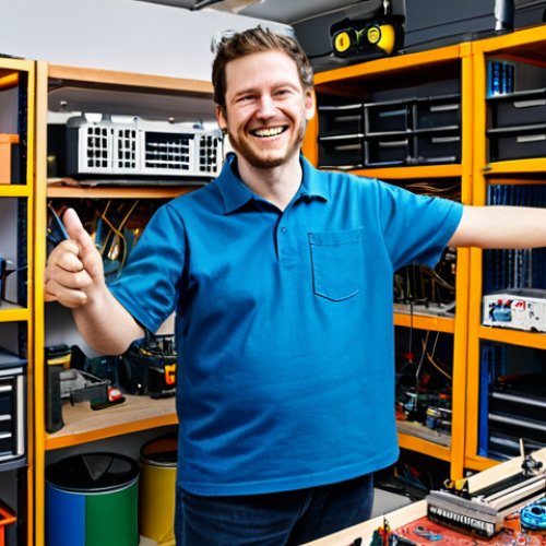 Home 17 The Maker's Garage**
"A maker in their fully equipped garage workshop, surrounded by electronic components and tools. They are smiling and gesturing towards a complex open-source project, demonstrating it. Shelves are filled with various projects. fully clothed, professional setting, appropriate attire, safe for work, perfect anatomy, natural proportions, family-friendly, well-lit, showcasing the maker's passion and creativity."
**