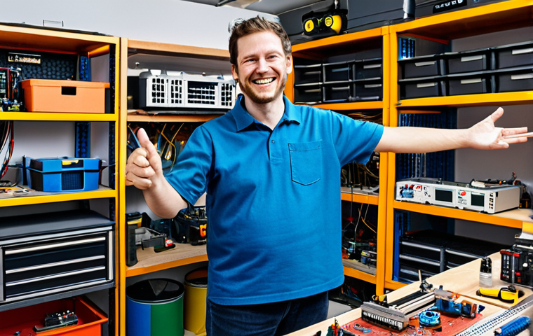 The Maker's Garage**
"A maker in their fully equipped garage workshop, surrounded by electronic components and tools. They are smiling and gesturing towards a complex open-source project, demonstrating it. Shelves are filled with various projects. fully clothed, professional setting, appropriate attire, safe for work, perfect anatomy, natural proportions, family-friendly, well-lit, showcasing the maker's passion and creativity."
**