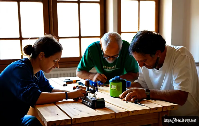 Home 13 오픈소스 하드웨어와 사회적 책임 - Photorealistic community workshop in Italy, diverse adult volunteers and an older engineer collabora...